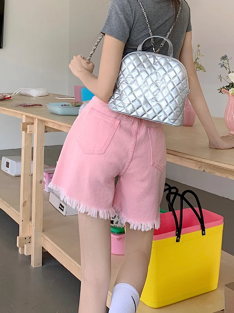 Streetwear Women High Waist Loose Hole Frayed Raw Hem Denim Shorts Spring Summer Female Wide Leg Jeans Shorts Bottoms