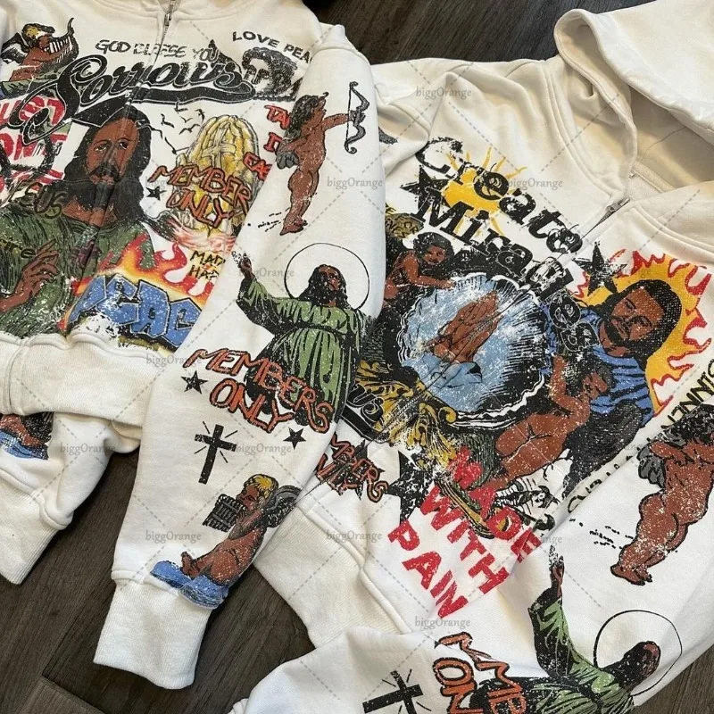 Свитшот в готическом стиле на молнии с графическим принтом уличный Ретро свитшот