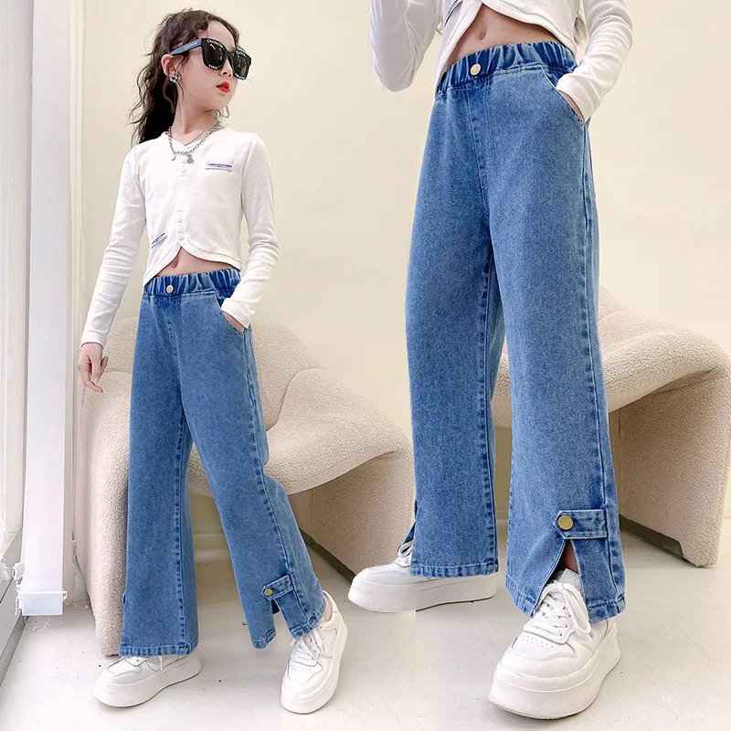 

Джинсы для девочек, демисезонная детская одежда, модные джинсовые брюки с разрезом снизу для девочек-подростков, свободные Детские прямые б...