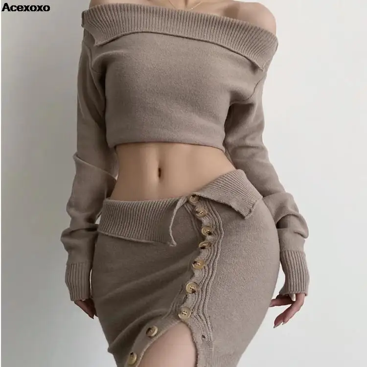 

Autumn new women's fashion casual sexy one-line shoulder lapel sweater sweater high waist skirt suit