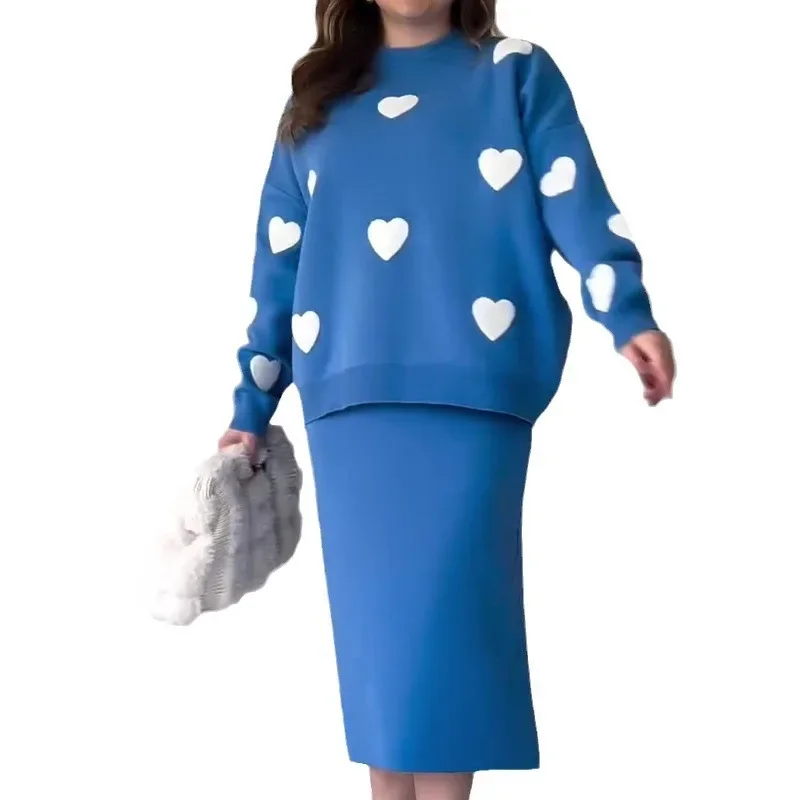 Женский комплект из двух предметов с юбкой свитер круглым вырезом и длинным