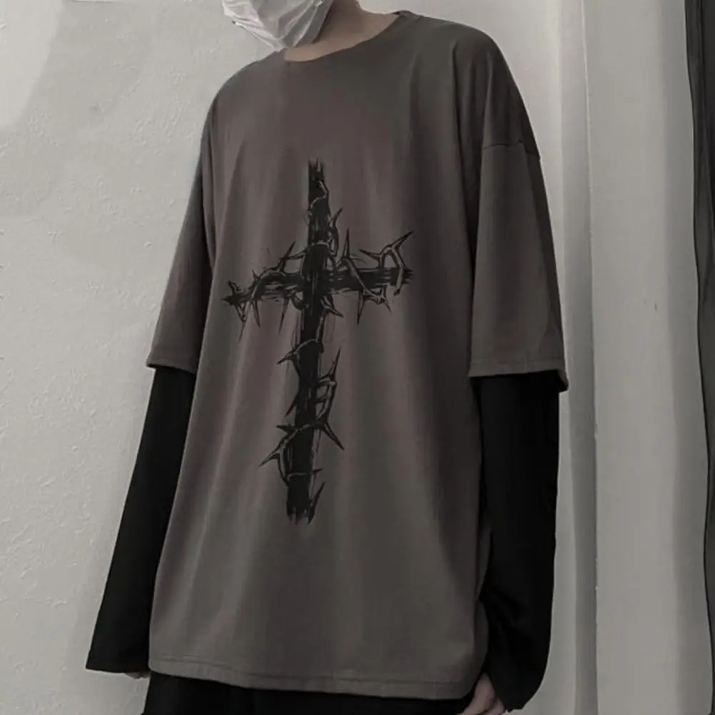 

Men T-shirt Fake Two-piece Hip-hop Cross of Thorns Dark Summer Top for Daily Wear
