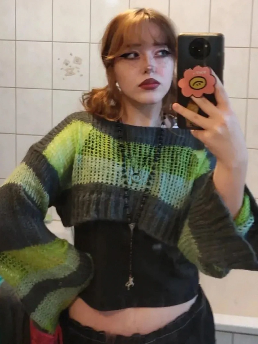 

Combhasaki Women Y2K Grunge Vintage Sweater Flare Long Sleeve Round Neck Knitting Casual Party Street Crop Pullover Tops