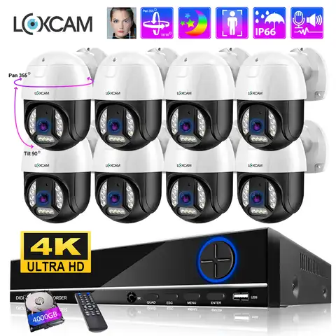 Система видеонаблюдения LOXCAM 4K PTZ, 8 Мп Ai Распознавание лиц, двухстороннее аудио, 50 м цветной ночной видеорегистратор, комплект камер POE