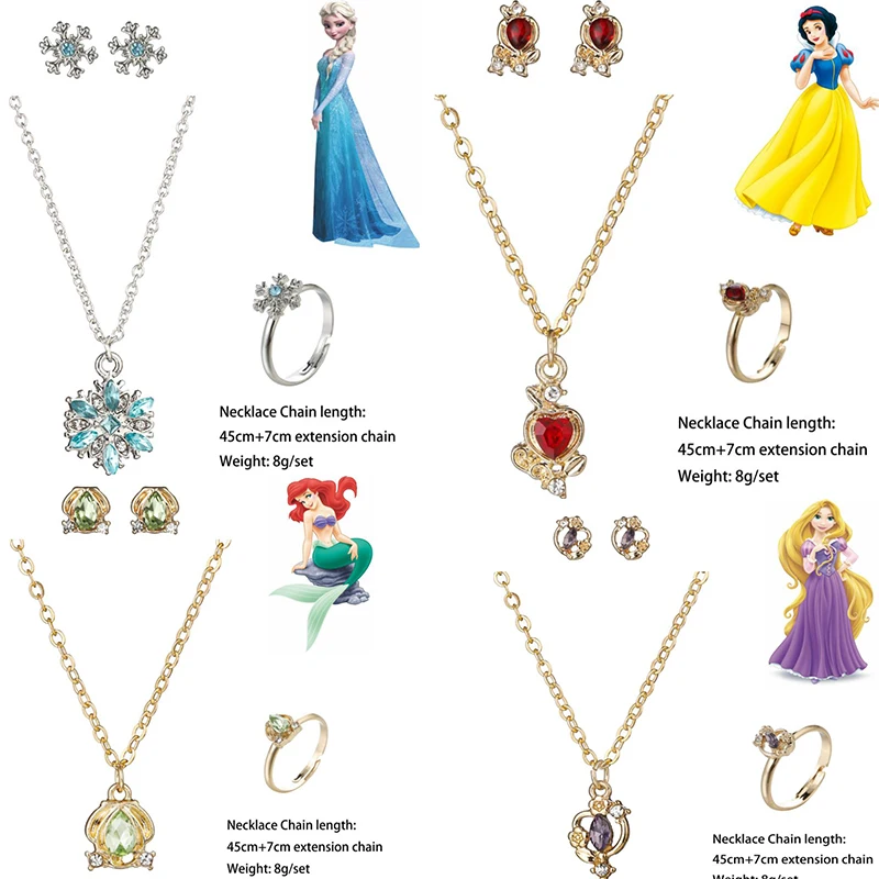 

Disney Princess Series Diamond Necklace Earrings Set for Women Frozen Mermaid Cinderella Metal Accessories Set Girls Gifts