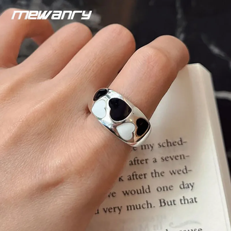 

Foxanry Silver Color Black White LOVE Heart Rings for Women Couples INS Fashion Simple Geometric Handmade Birthday Party Jewelry