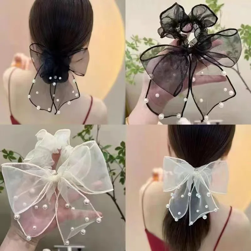

Senior Feeling Organza Pearl Bowknot Steamer E. Hair Bands Contracted Temperament Super Fairy Tail Rope Hair Accessories AFS177