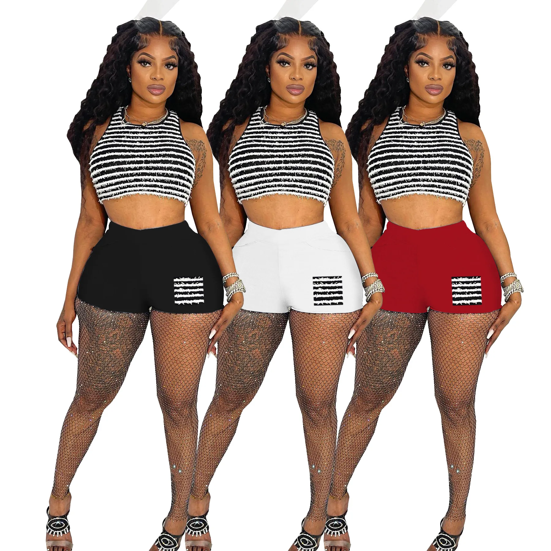 

Casual Striped Summer 2 Piece Short Pant Sets Outfits Tracksuits Summer 2023 Women ClothesSexy Two Piece Patch Pants Set Suits