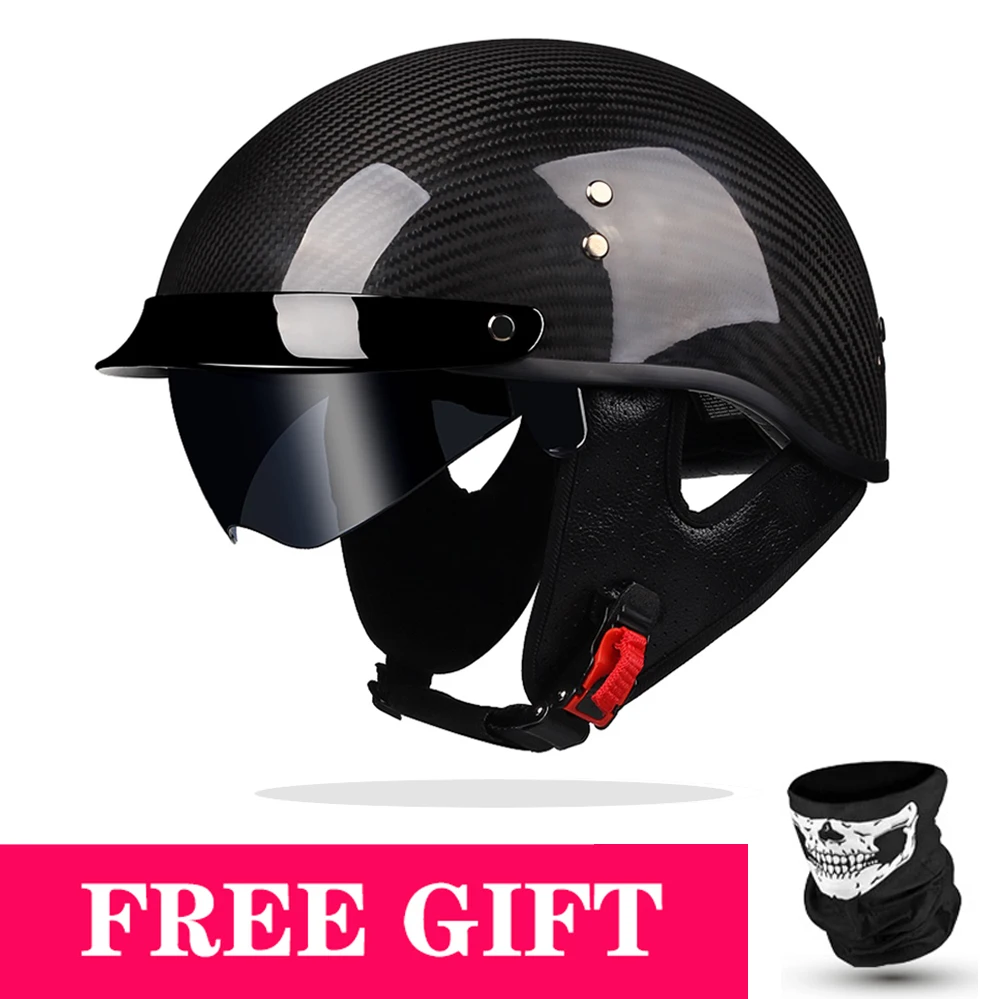 New Genuine Carbon Fiber Motorcycle Half Face Helmet Helmet Fashion Vintage Scooter Motorbike Riding Jet Capacetes Para Moto DOT