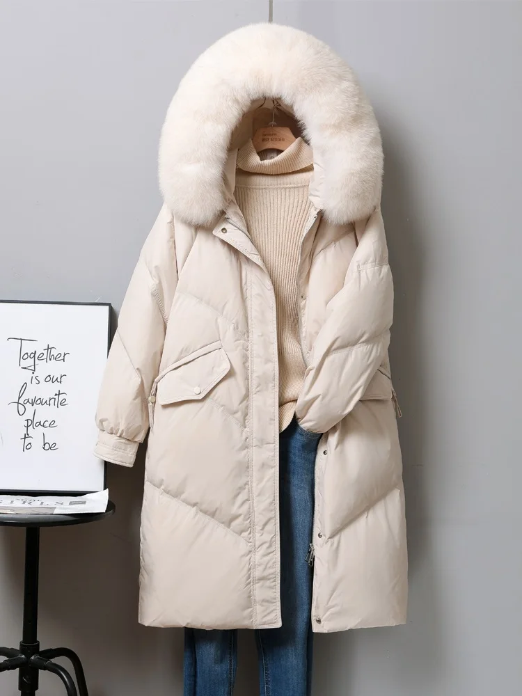 New Women Fox Fur Collar Long Down Jacket Casual Style Autumn Winter Coats And Parkas Female Outwear