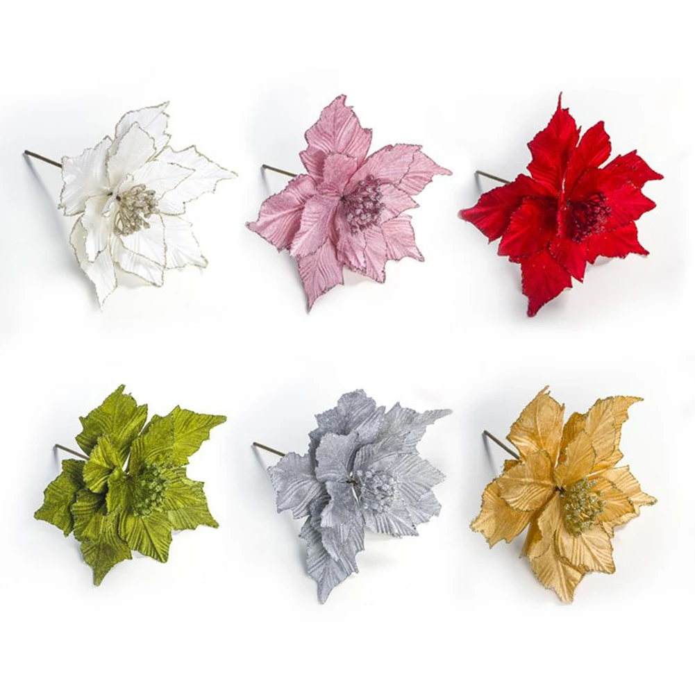 

1pcs 24*28cm Glitter Poinsettia Flower Artificial Flower Heads For Wedding Party Home Decor Xmas Merry Christmas Tree Ornaments