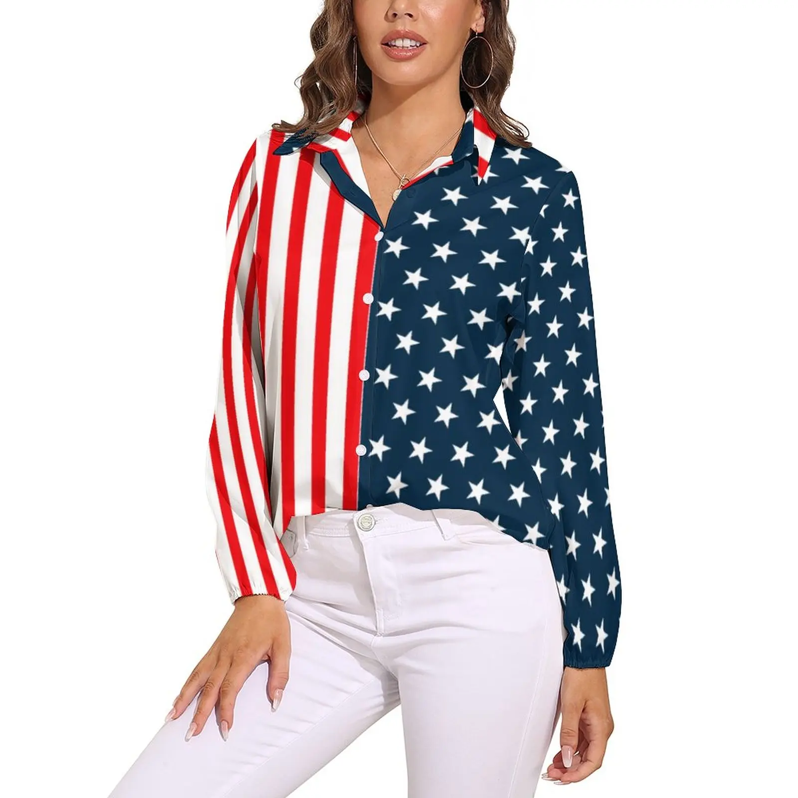 

American USA Flag Print Loose Blouse Stars And Stripes Korean Fashion Oversize Blouses Long Sleeve Cute Shirt Spring Graphic Top