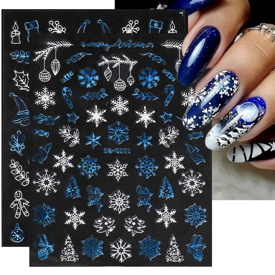 

Holographic Christmas Nail Art Sticker 3D Laser Blue White Cookie Man Snowflake Elk Winter Xmas Decal Manicure Decoration BESW-G