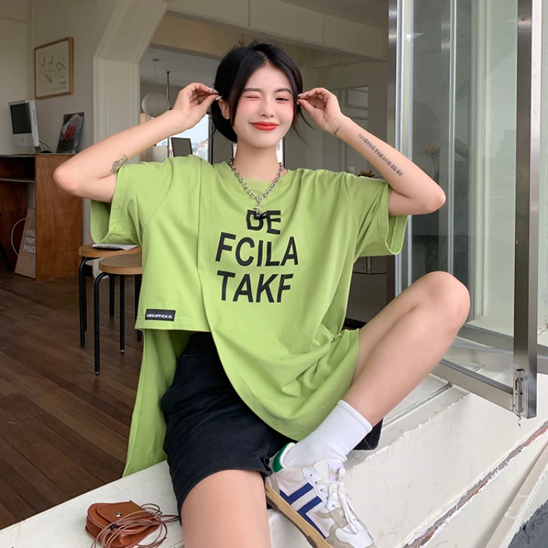 

Blue asymmetrical slit short sleeve T-shirt Women Korea 2022 Summer Streetwear Harajuku Spice sexy waist loose y2k top