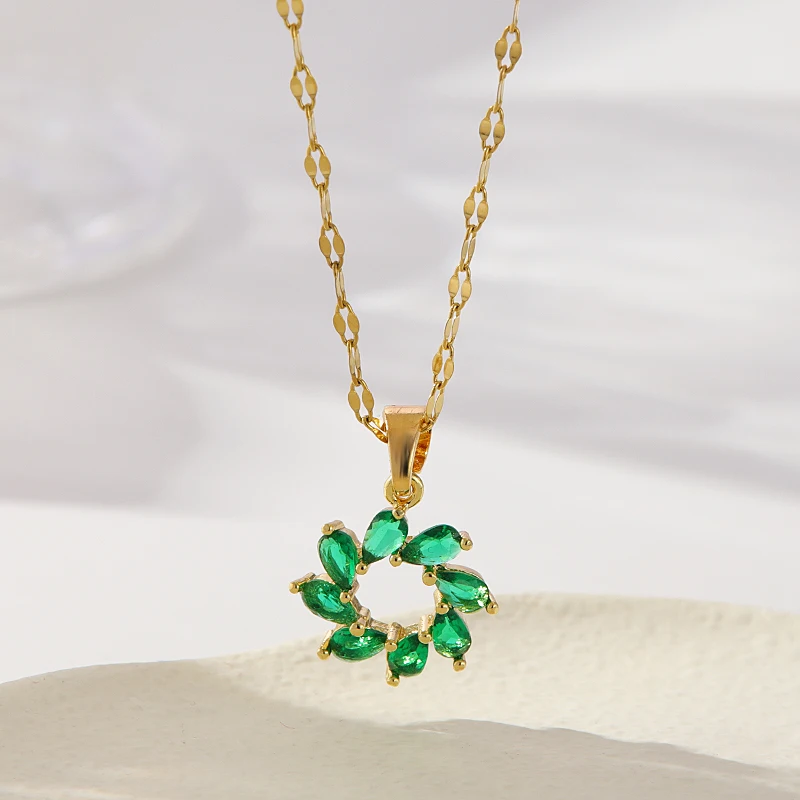 

Geometric Hollow Circle Zircon Necklace Copper Micro Inlaid Pendant Flower Stainless Steel Collar Chain Party Jewelry for Women