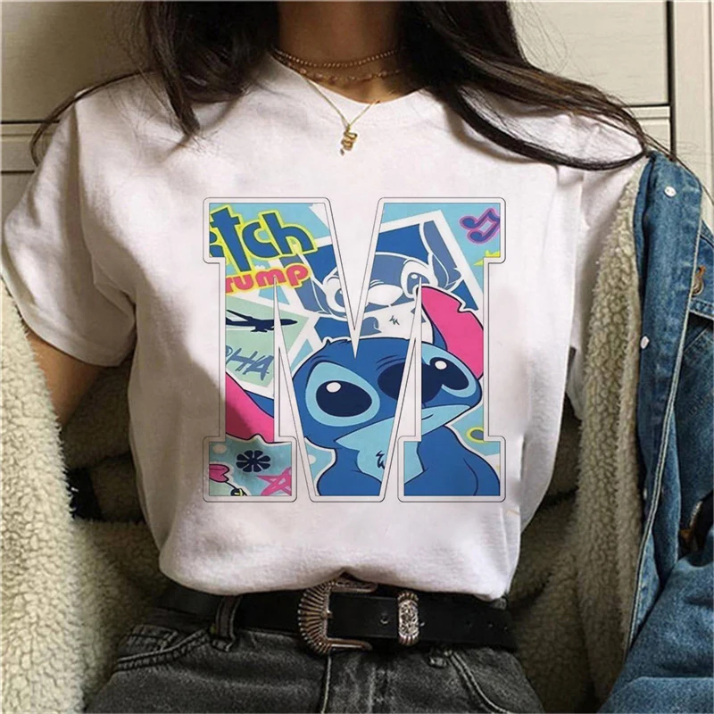 

2022 New White Summer Women's Custom Name Monogram Print Tee Blue Stitching Letters A B C D E F G Short Sleeve Disney Tee