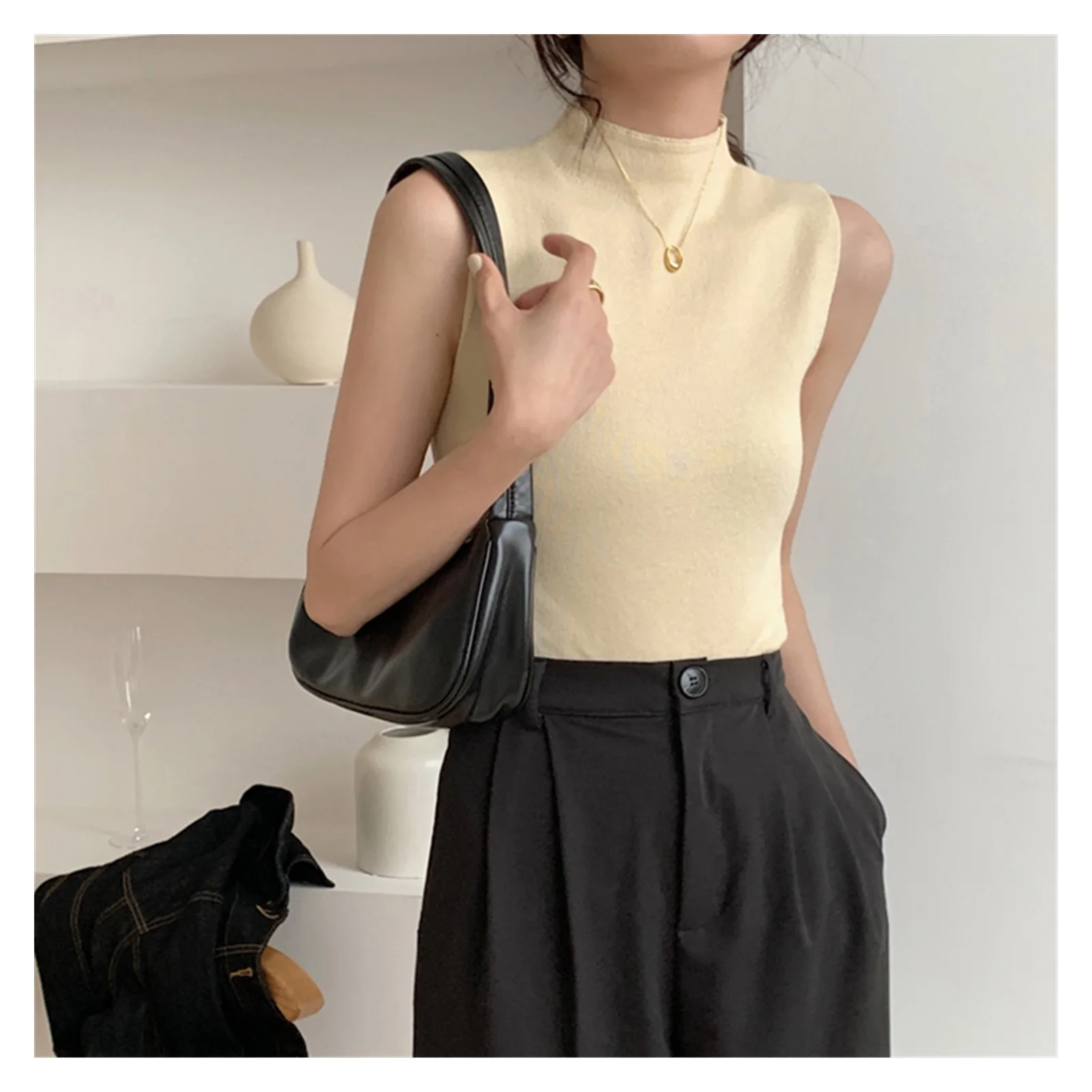 

2022NEW Sexy Knitted Top Summer Turtleneck Tank top Women camisole Blouse Sleeveless Slim Top Female sleveless t-shirt Vest