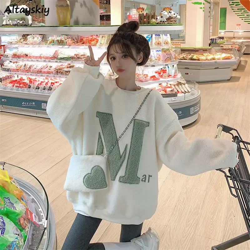 

Sweatshirts Women No Hat Winter Faux Lambswool Students Korean Style Loose Embroidery Letter Chic Simple All-match Warm O-neck