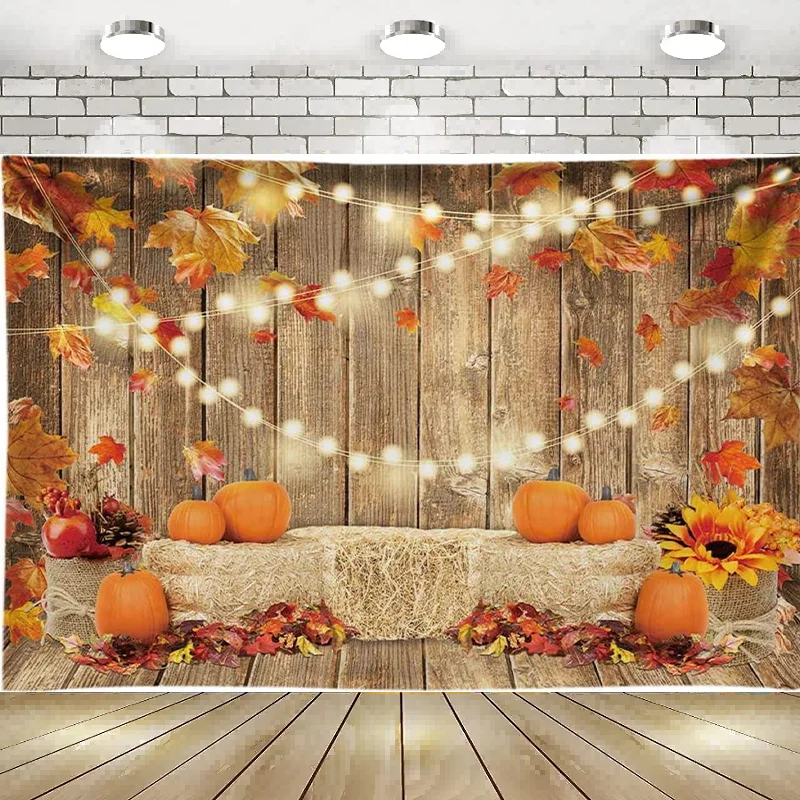 

Fall Pumpkin Photography Backdrop Autumn Thanksgiving Harvest Hay Leaves Wooden Background Sunflower Maple Banner Decor Party