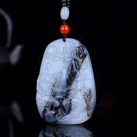 natural blue and white hand carved landscape brand jade pendant fashion jewelry mens and womens floating flower necklace