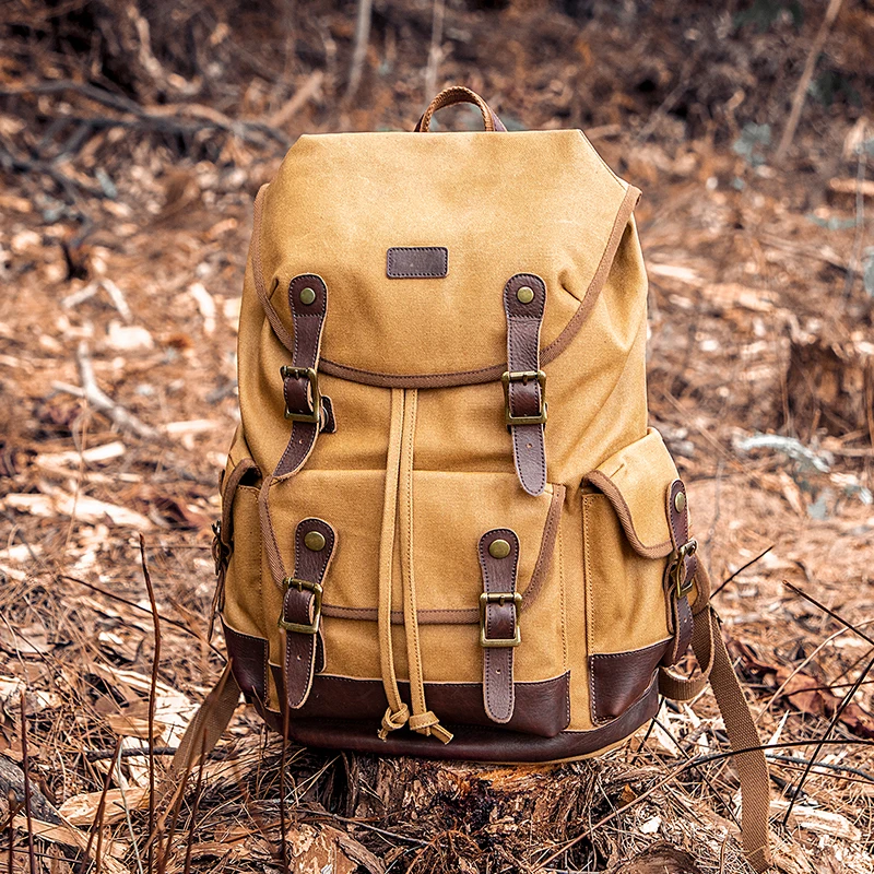 

Мужской Дорожный рюкзак в стиле ретро из натуральной кожи Крейзи Хорс, вощеный холщовый рюкзак на плечо для походов, рюкзак для ноутбука 15,6 дюйма