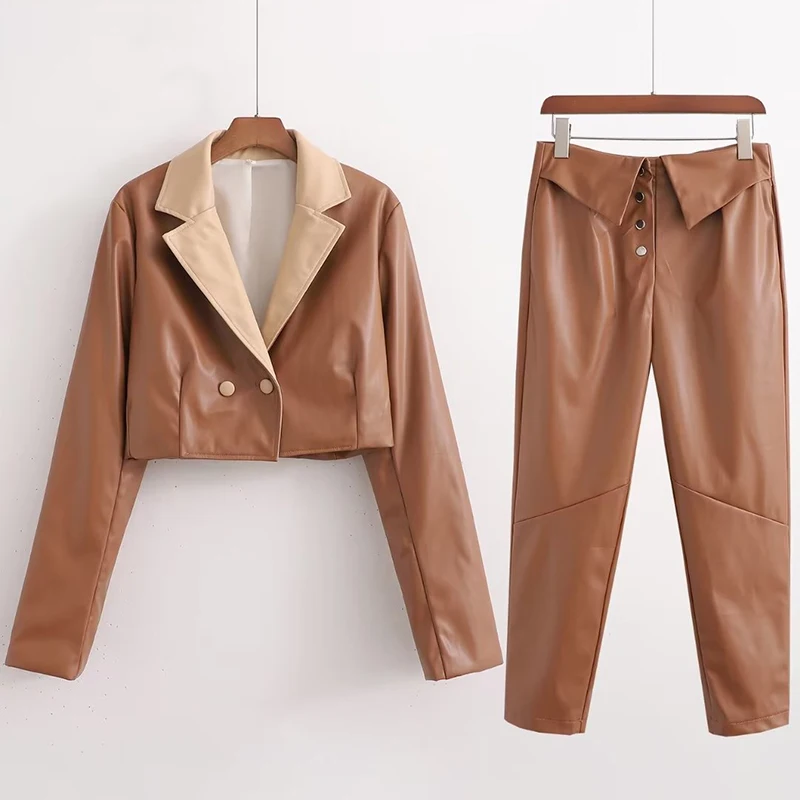 

New Loose Casual Fashion Short Suit Jacket and High Waist Slim Trousers Pants Leather Elegant Set 2 Piece Women's Blazer Suits