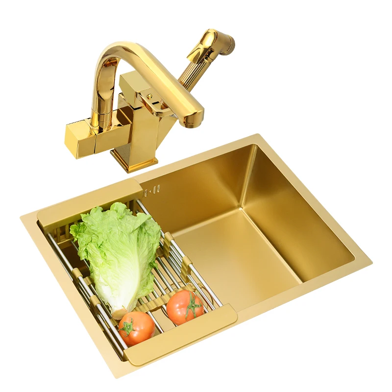 

45x45cm Gold Nano Handmade Stainless Steel 304 Kitchen Sink Single Kitchen Sink Recessed 1.2mm Thick