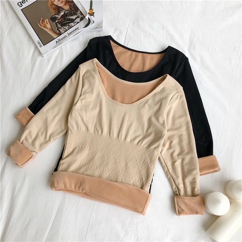 Woman Thermal Underwear Winter Fleece Warm Tops Long Sleeves O Neck Clothes