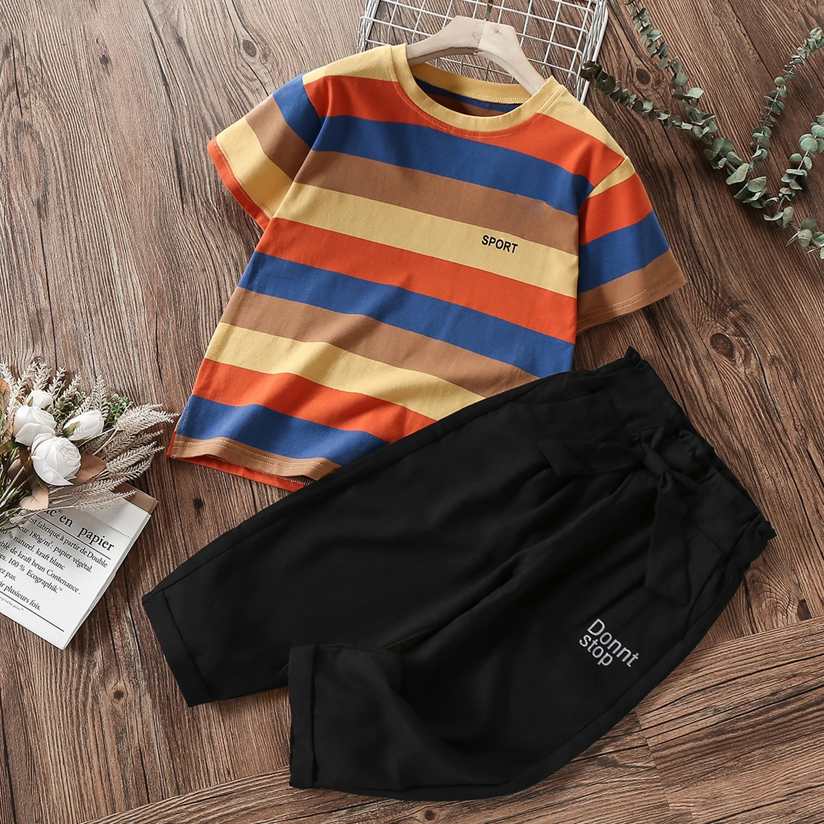 

Teenagers Clothes Kids Sets for Girls Suits Summer School Stripe Print Tracksuit Baby Outfits Children Costumes 6 7 8 9 12 Years