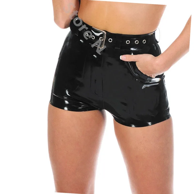 

Woman Female Latex Shorts with Belt Attached Pocket Unique Rubber Latex Underwear Pants Costumes