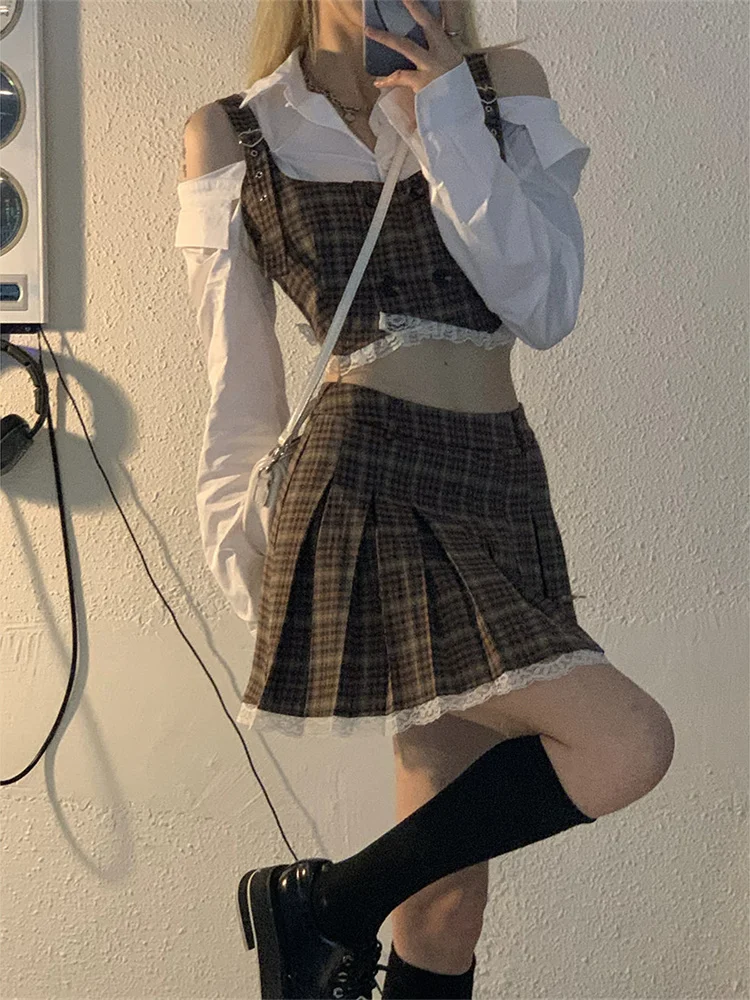 Женский костюм из двух предметов: майка и юбка укороченный топ в клетку