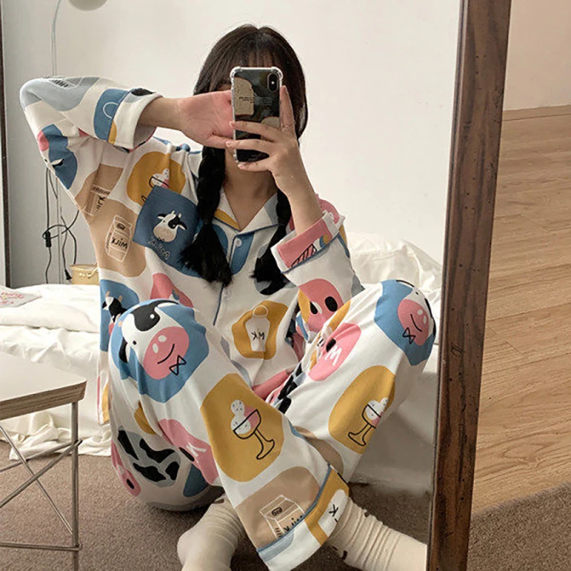 Autumn New Cotton Pajamas Women's Long-sleeved Trousers Cardigan Korean Version Sweet and Fresh Student Home Service Suit