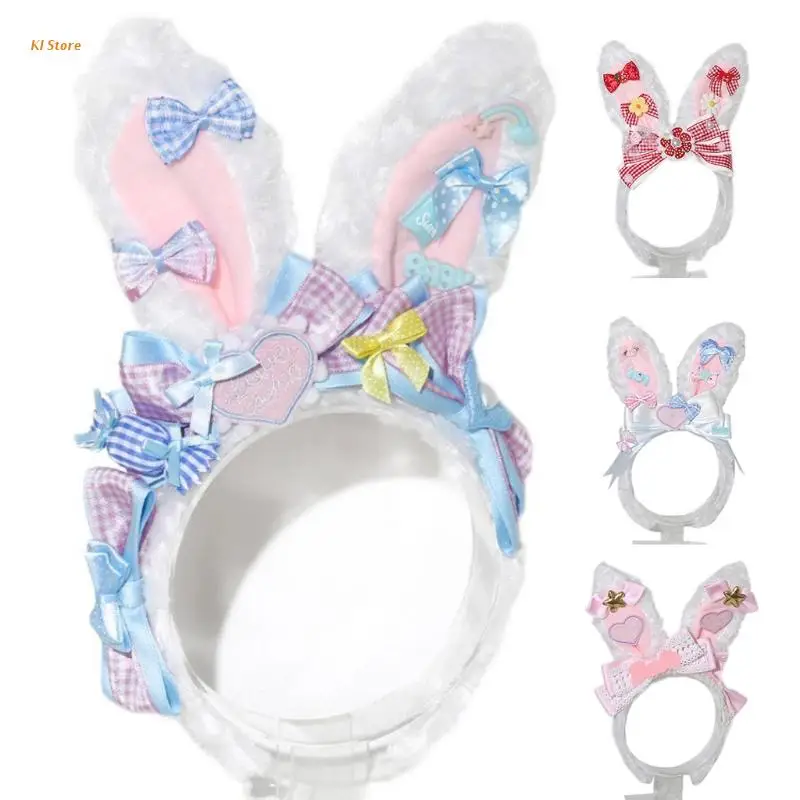 

Women Furry Animal Bunny Ears Headdress Bowknots Plush Rabbit Ears Headband Easter Christmas Cosplay Lolita Costume