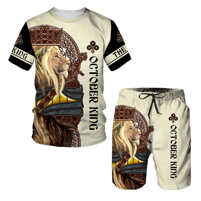 3D Animal Print T Shirt For Men Shorts 2 Piece Outfit Fashion Poker Lion Pattern Oversized O-neck Tops Summer Short Sleeve Sets