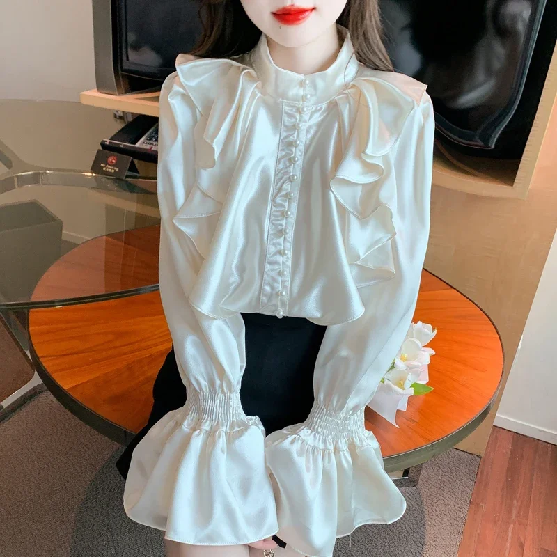 

Silk Women's Shirts Solid Loose Satin Casual Blouses Ruffles Clothing Spring/Summer Butterfly Sleeve Fashion Tops YCMYUNYAN