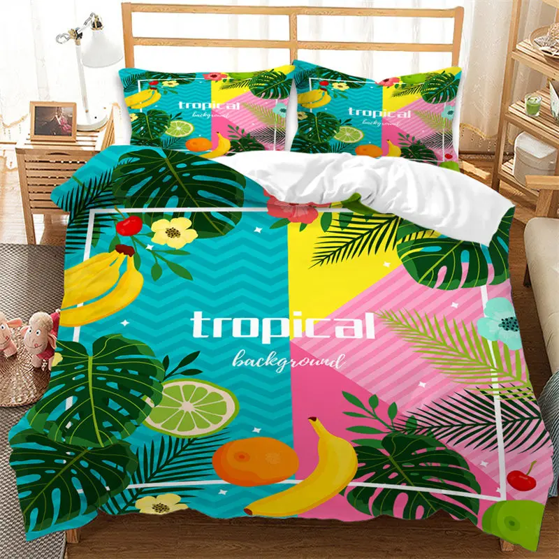 

Summer Tropical Fruit Bedding Set Cartoon Fruits Orange Lemon Print Duvet Cover Microfiber Double Comforter Cover Bedroom Decor