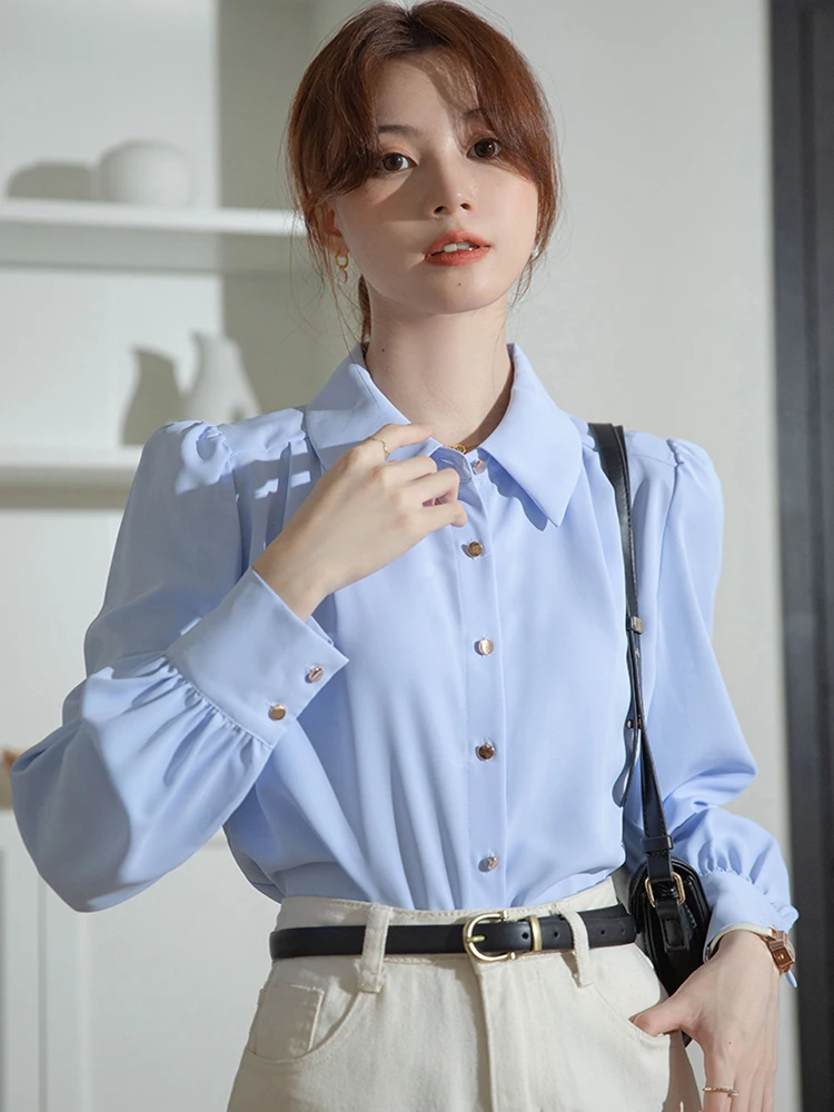 

Женская шифоновая блуза с отложным воротником и длинным рукавом, свободного покроя