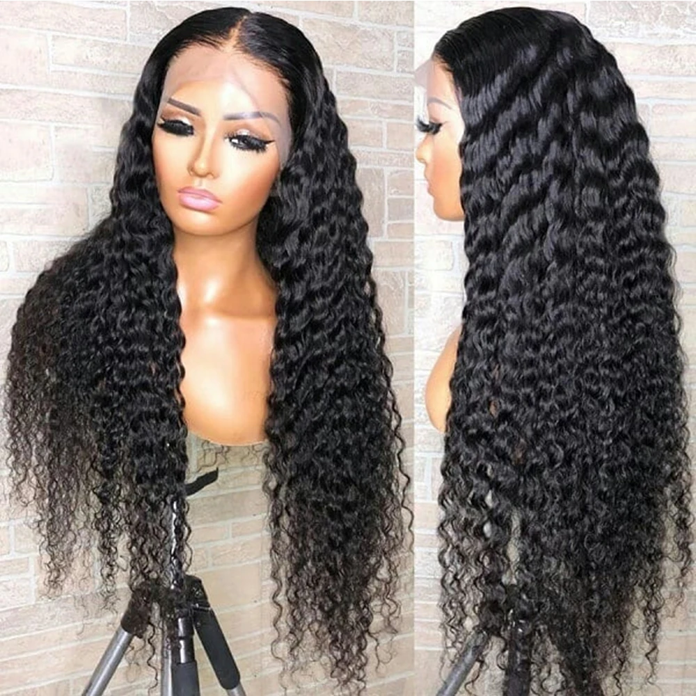 

Synthetic Natual Black Kinky Curly Glueless Lace Front Wigs for Black Women Long Side Part Lace Wig Heat Resist Daily Wigs
