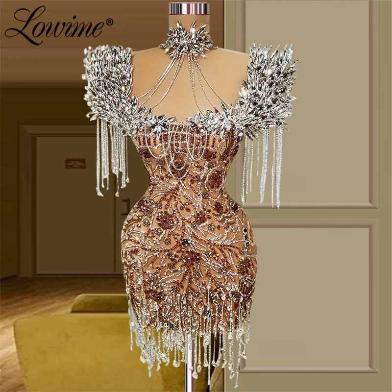 

Lowime 2022 Newest Luxury Diamond Crystals Short Dress Graduation Party Dresses Sparkly Tassel Beading Evening Homecoming Dress