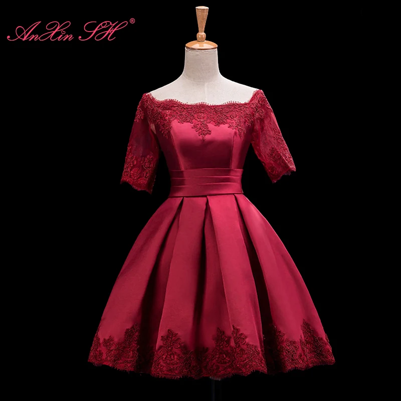 

AnXin SH princess wine red satin boat neck short sleeve flower lace party lace up short green evenig dress Little white dress