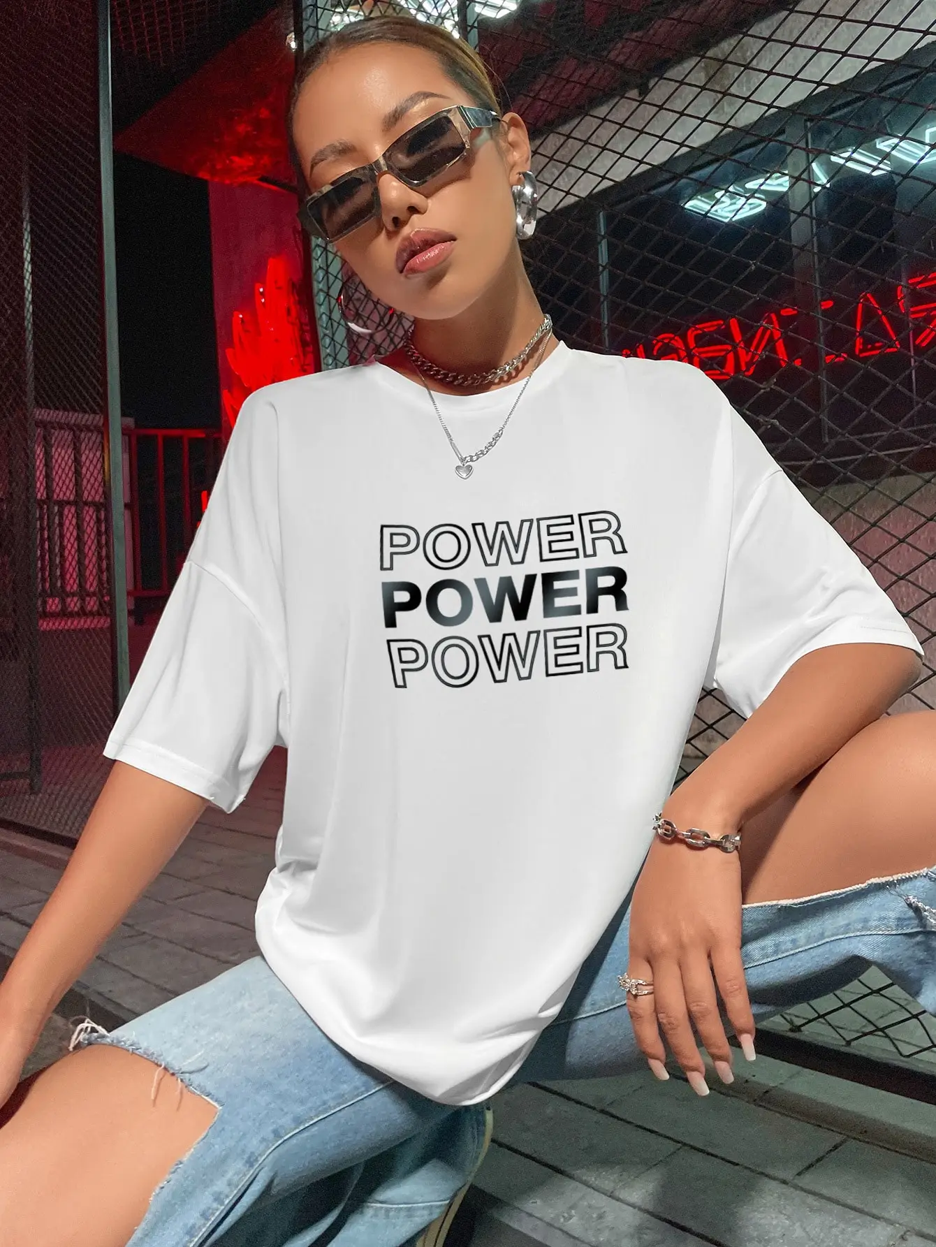

Уличная футболка с надписью Power, Женская свободная футболка оверсайз, одежда, 100% хлопок, дышащая футболка с круглым вырезом, модная женская футболка с коротким рукавом