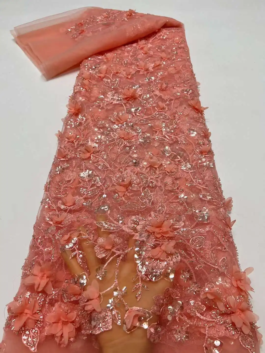 Новинка 2024 3D Цветочная вышивка для женского платья с бусинами Тюлевое кружево