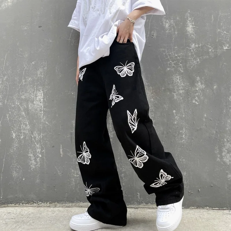 DEEPTOWN Y2K Black Printed Jeans Men Vintage Denim Pants Loose Fashion Straight Trousers Male Casual Streetwear Designer Retro