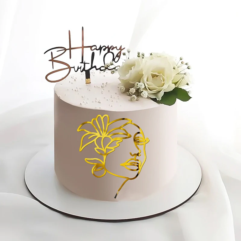 

Art Pregnant Woman Happy Birthday Cake Topper Acrylic Gold Lady Face Wedding Baby Footprint Cake Topper Party Cake Decorations