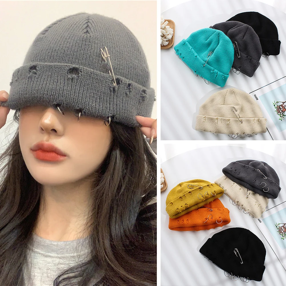 

Базовая шапка унисекс, женская модная универсальная шапка, Кепка с отверстиями в стиле хип-хоп, короткая шапка, теплая плотная однотонная вязаная шапка для мужчин