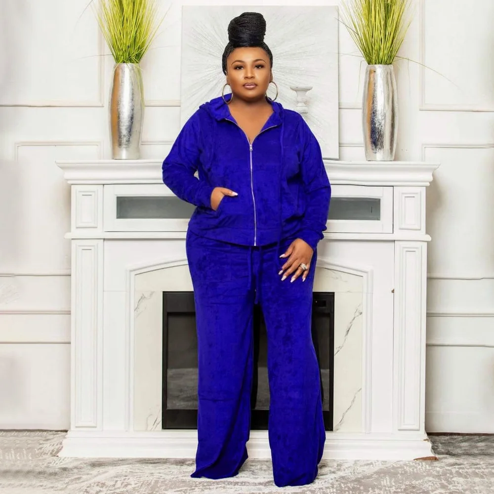 Plus Size Women Sets Hooded Solid Jacket And Wide Leg Pant 2022 Fall Two Piece Set Female Outfit Designer Cloth Winter Tracksuit