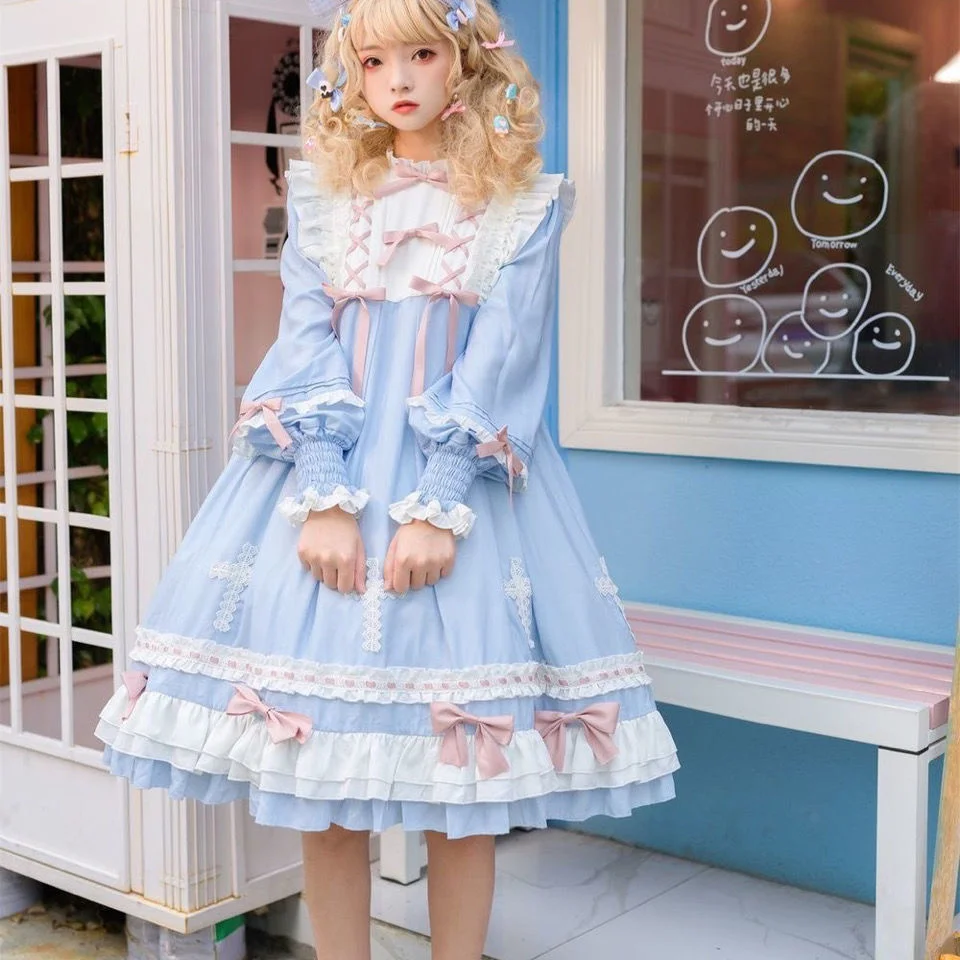 

Lolita Soft Girl Light Loli Long Sleeve Princess Dress Full Sleeve Cross Dream Original OP Dress