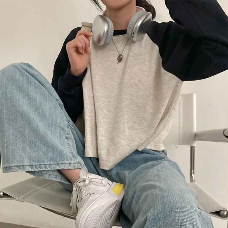 Футболки женские весенние хлопковые корейские версии Лоскутные Топы с длинным