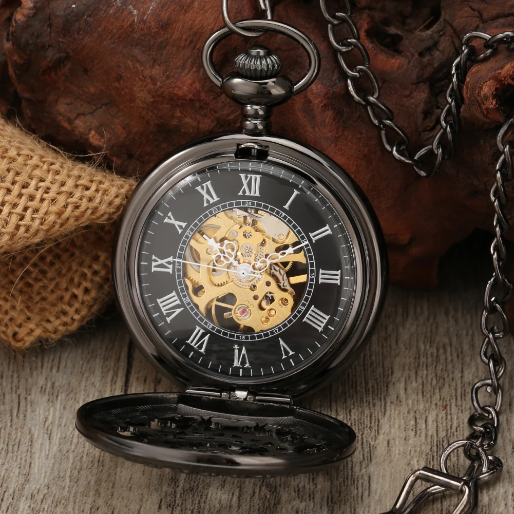 Hollow Spider Web Roman Numerals Display Manual Mechanical Pocket Watch Black Fob Chain Antique Pendant Hand-Winding Timepiece