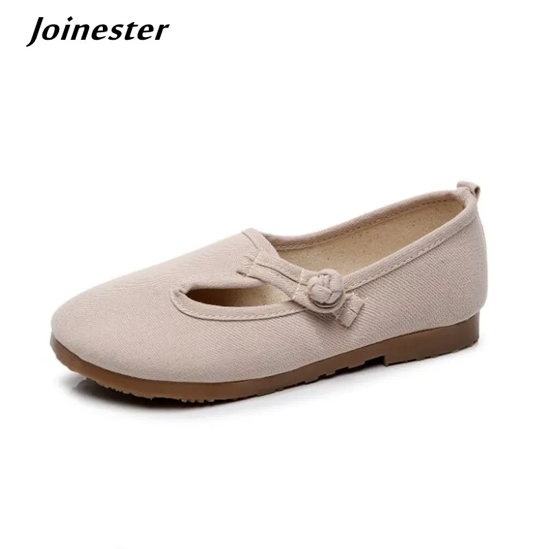 

Cotton Fabric Flat Heeled Loafers Pure Color Women Retro Casual Shoes Button Closure Ethnic Flats foe Female Spring Shoe